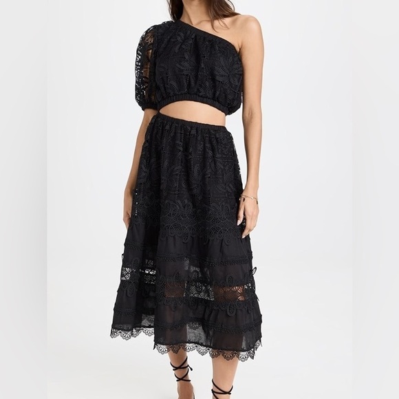 NWT Waimari Black Crochet Lace Black Cut Out Midi Jade Dress - Picture 1 of 13